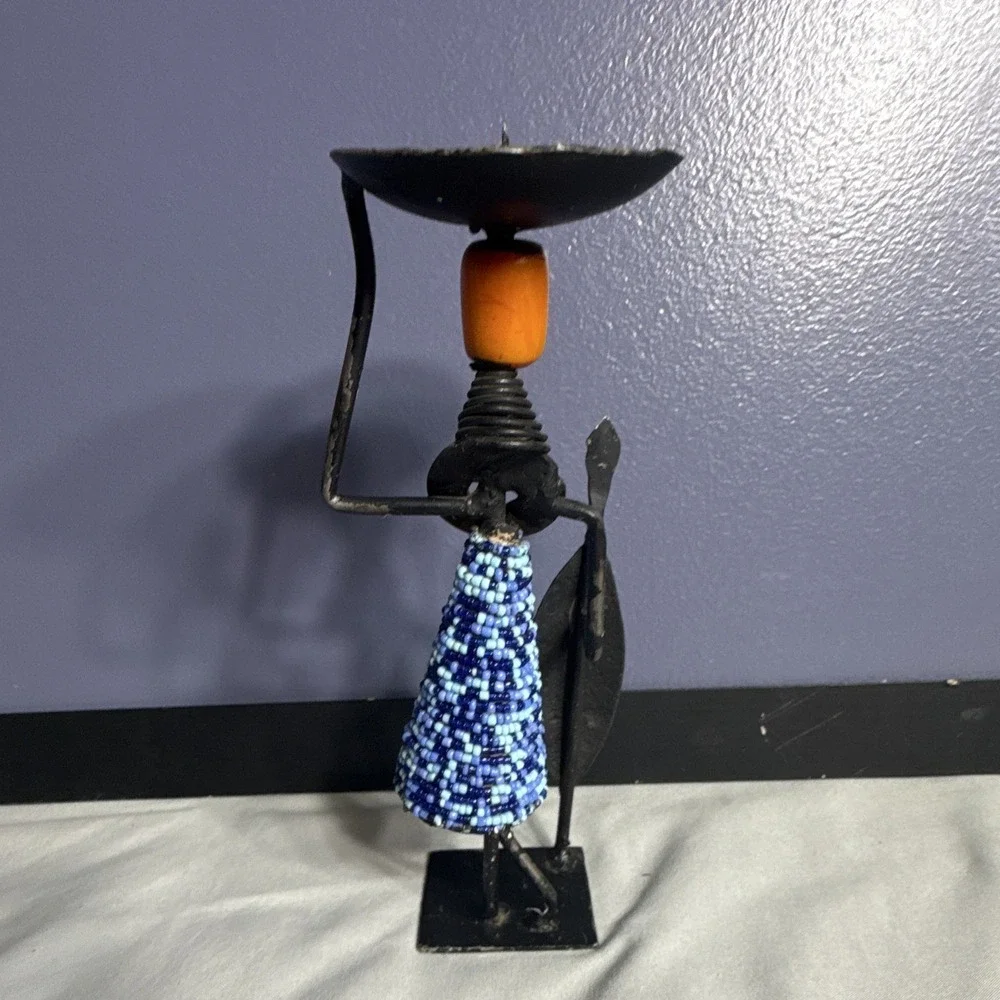 African Style Figure Candle Holder, Hand-Painted Geometric Metal, 10 in